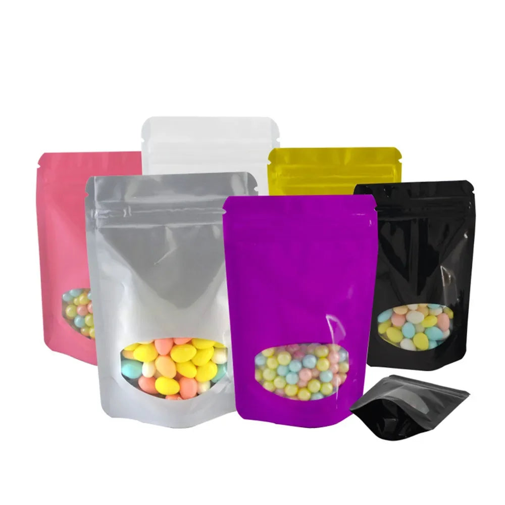 100Pcs Glossy Colors Aluminum Foil Stand Up Zip Lock Pouches with Clear Window Plastic Packaging Bag Gift Snacks Beans