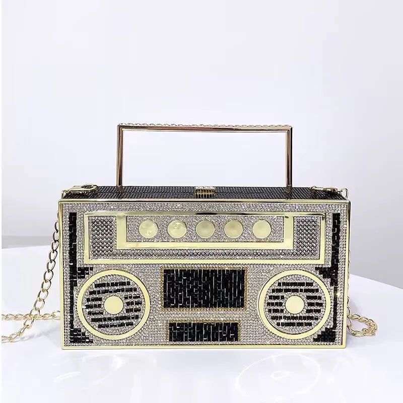 2024 Luxury Designer Full Diamond Evening Clutch Bag Ladies 3D Rhinestone Radio Handbag Fashion Party Shiny Crystal Shoulder Bag