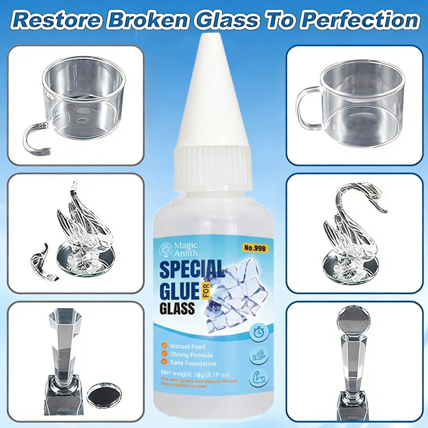 1/3/6Pcs Strong Clear Glass Glue 20g, Instant Bonding Adhesive for Cups, Vases & Crafts, Crystal Clear Traceless Repair Glue