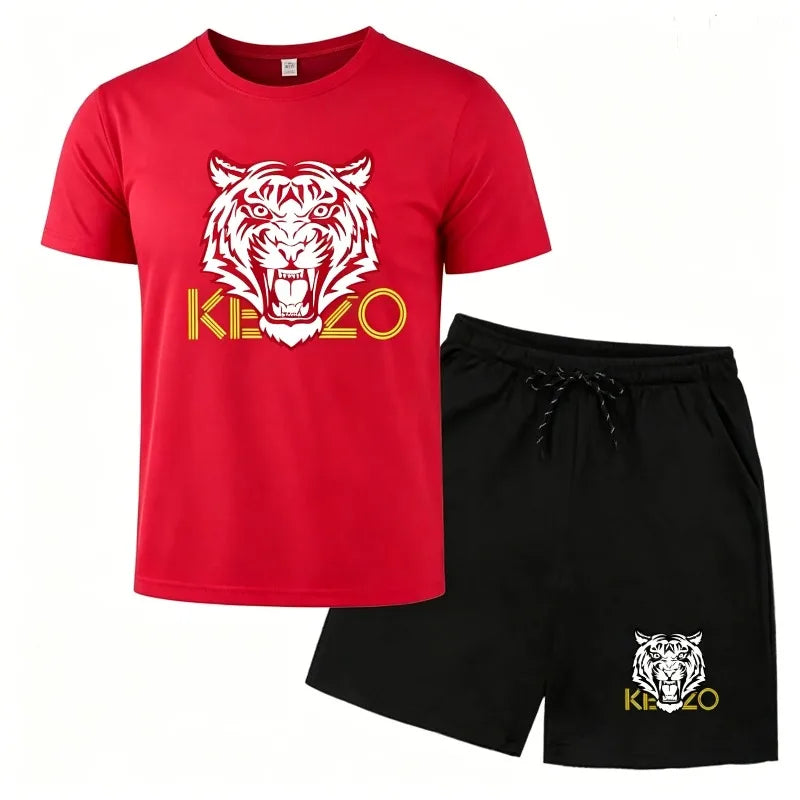 Summer new tiger head print casual suit men's short sleeved T-shirt+shorts two-piece set