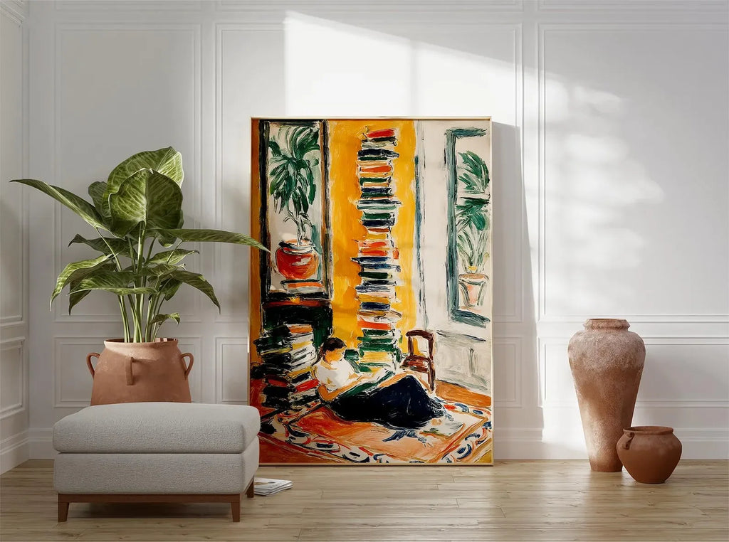 Woman Reading by the Window Poster, Cozy Book Lover Wall Art, Warm Yellow Interior Painting, Modern Impressionist Home Decor
