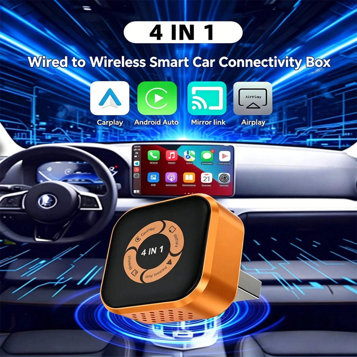 2026 Wireless Carplay Adapter 4in1 Android Auto Connect Airplay Mirror Link Screen USB Plug&Play for Apple and Android CarPlay