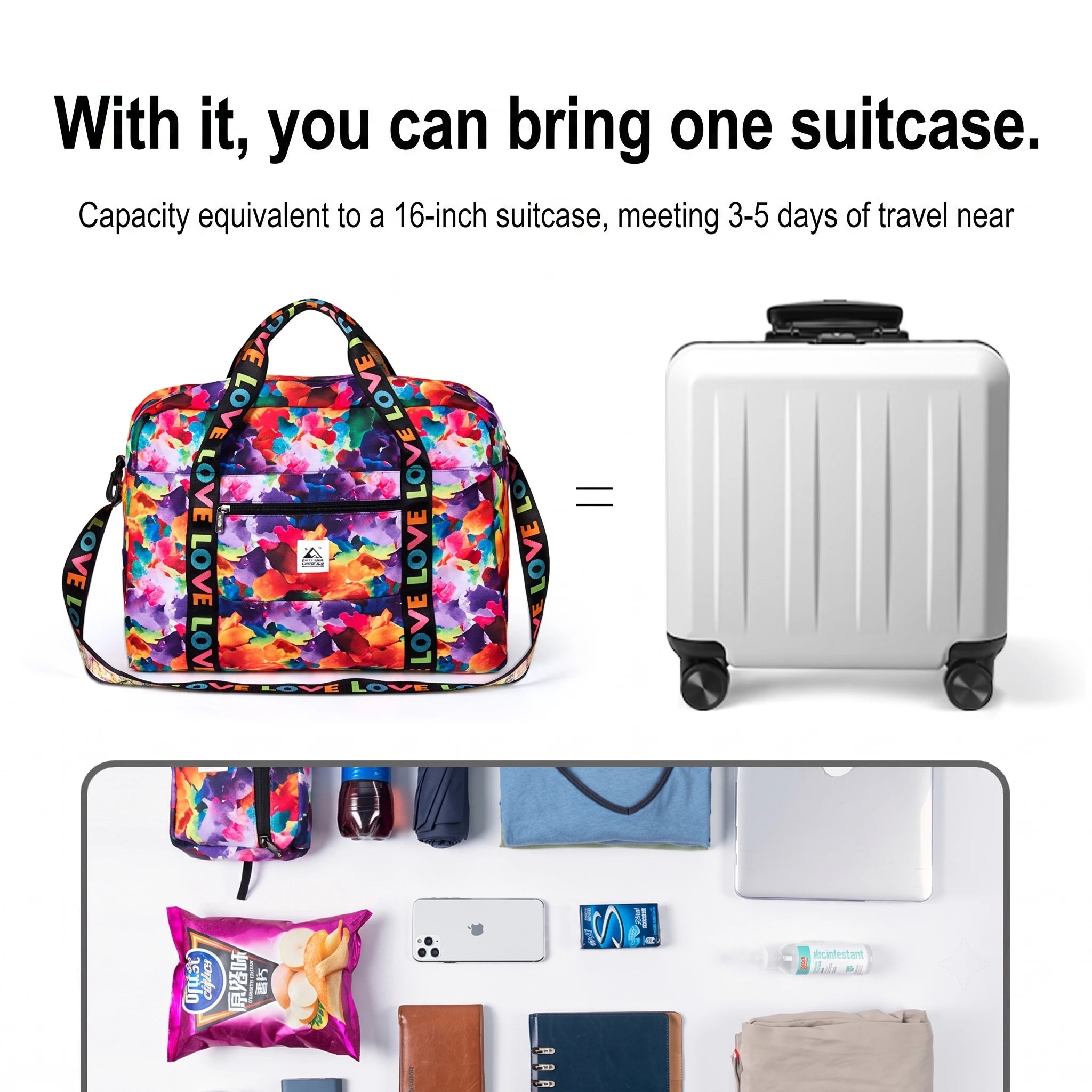 Women's travel bag, large capacity, lightweight portable travel luggage bag short-distance bag, foldable storage shopping bag