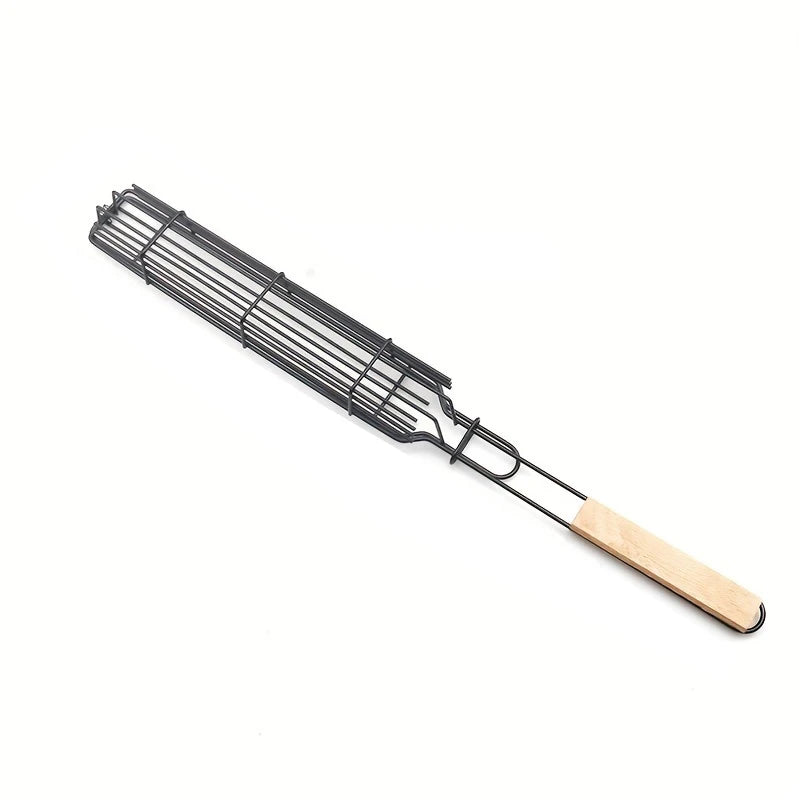 1pcs, Nonstick Stainless Steel Kebab Grilling Basket with Wooden Handle - Perfect for Hot Dogs, Sausages, and More