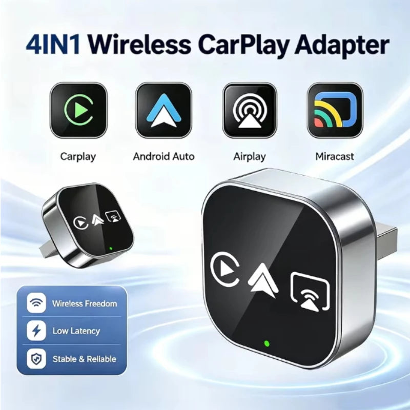 4-in-1 Wireless Carplay Adapter Android Auto Connect Airplay Mirror Link Screen Plug and Play Bluetooth for Apple and Android