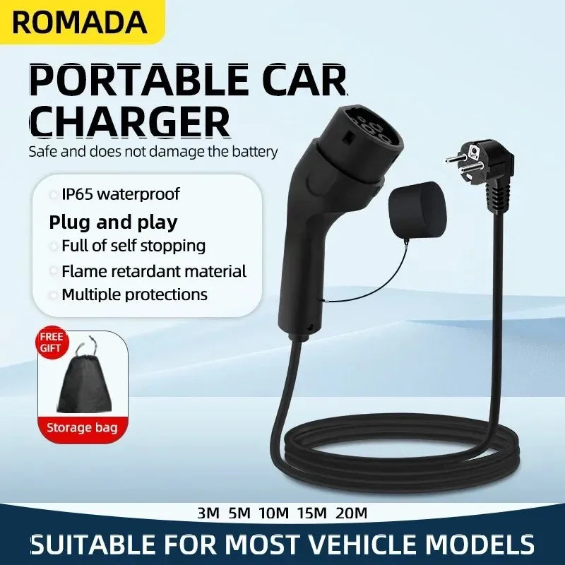 Portable 3.5KW 16A EV Charger with 3M-20M Cable Type2 IEC62196 EU Plug Wallbox Adapter Plug And Charge for Electric Vehicles