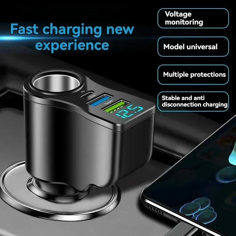 1CPS Digital Display Car Fast Charging Dual USB Car Charger Car One to Three Cigarette Lighter 66W Car Multifunctional Charger