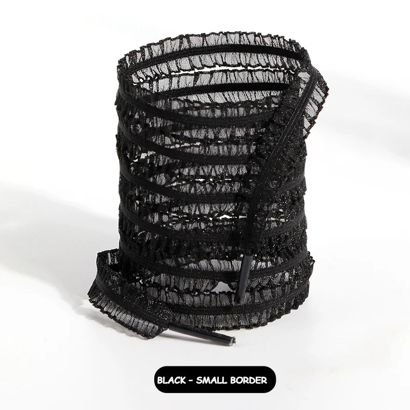 1 pairs Elastic Lace Shoelaces with Ruffled Trim - Fairy wind shoelaces with wooden ear edge（white/black）
