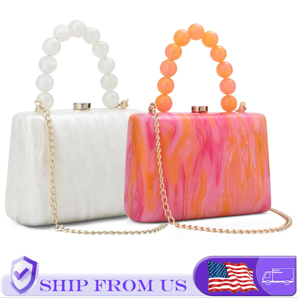 Beading Handbag Marble Acrylic Luxury Box Clutch Evening Bags Dinner Dress Purse Festival Gift Wedding Party Chain Shoulder Bag