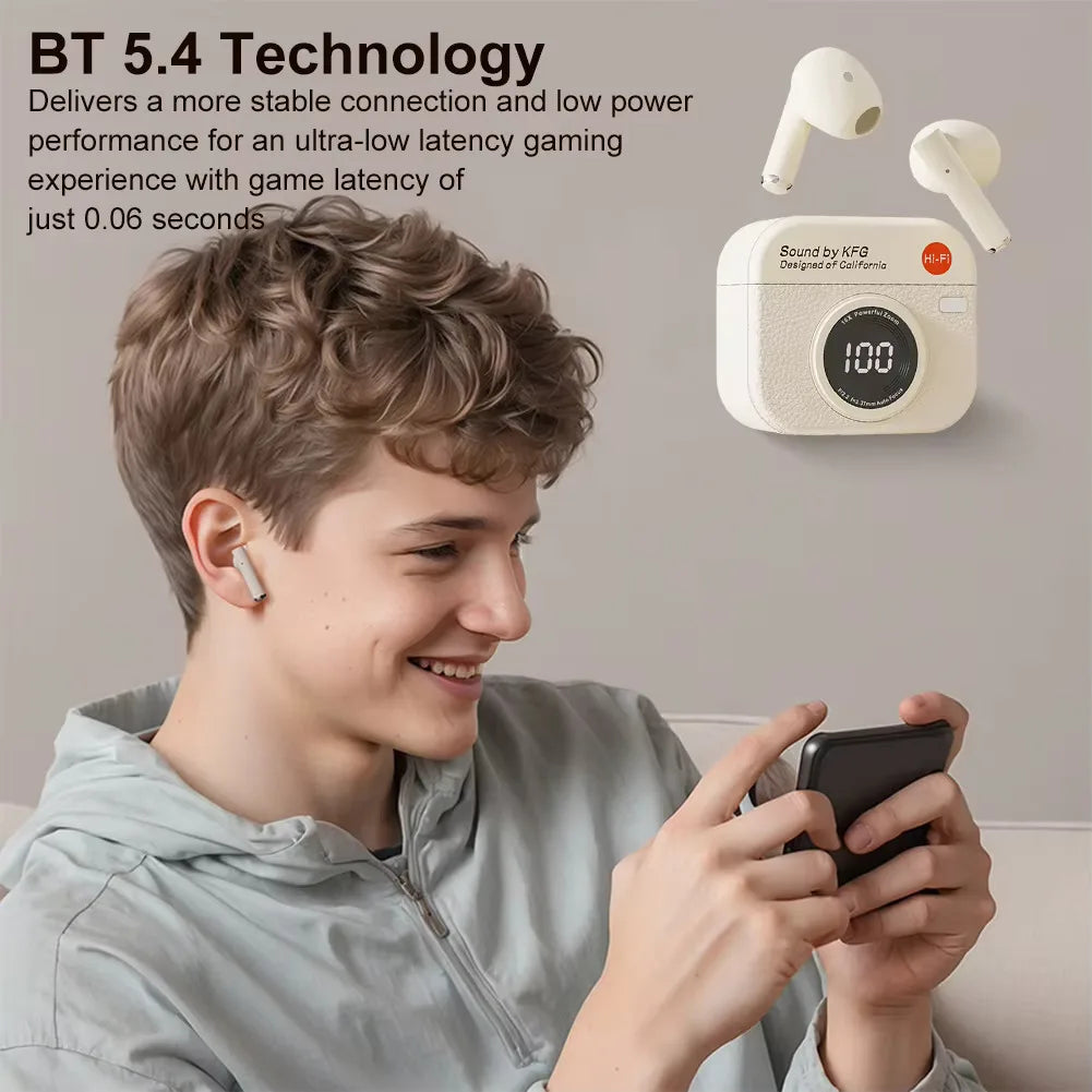 TWS Wireless Retro Earphone Sound By KFG ENC DT3 360°ACS 5.4 Bluetooth With Touch Control LED Power Display Sports Headset Gift