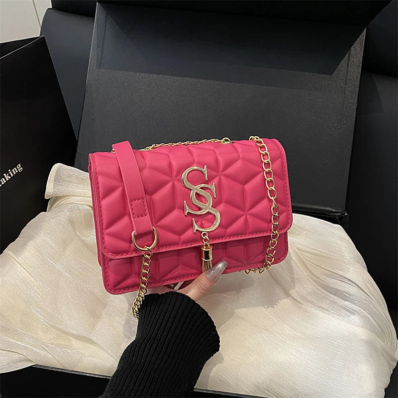 Fashionable Small Fragrant Style Argyle Quilted Small Square Bag Metal Letter Tassel Diagonal Cross Bag Commuter Shoulder Bag