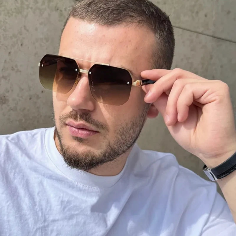 Hiking 3pcs Polygon Half-Frame Anti Light Glasses Fashion Metal Men Large Frame Shades Female Male Gradient Traveling Eyewear