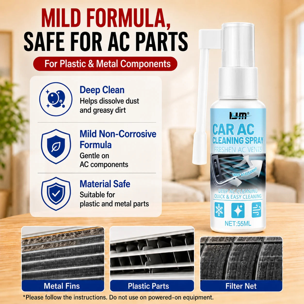 KJM Car AC Vent Cleaner Spray Dual Spray Nozzle Freshening Formula Dust Odor Remover Deep Clean For Vehicle Air Conditioner