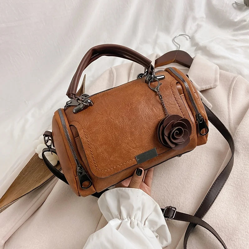 Large Vintage Boston Handbag - Solid Color PU Satchel with Zipper Closure, and Flower Pendant - Perfect for Occasional Use