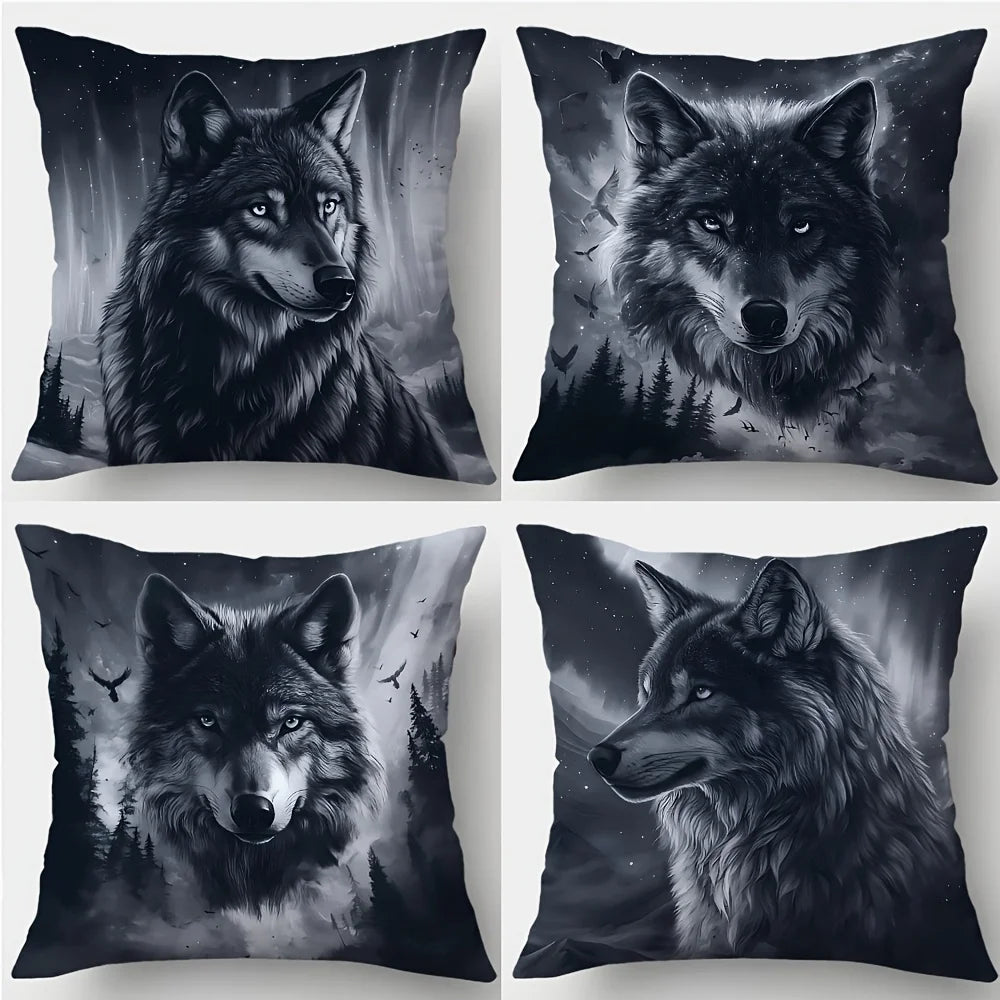 4-Piece Printed Pillowcase Set – Wolf Theme with Dark Tones for a Mysterious & Cool Atmosphere