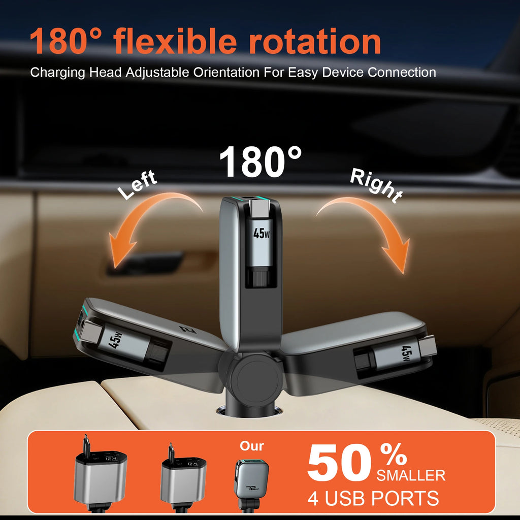 Car Charger Super Fast Charging One-to-Two Retractable Cable Car Cigarette Lighter Converter Compatible with Apple 17 and Huawei