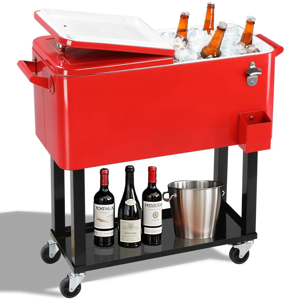 80 Quart Rolling Ice Chest,Portable Bar Drink Cooler,Catch Basin,Bottom Storage Tray & Bottle Opener, Custom