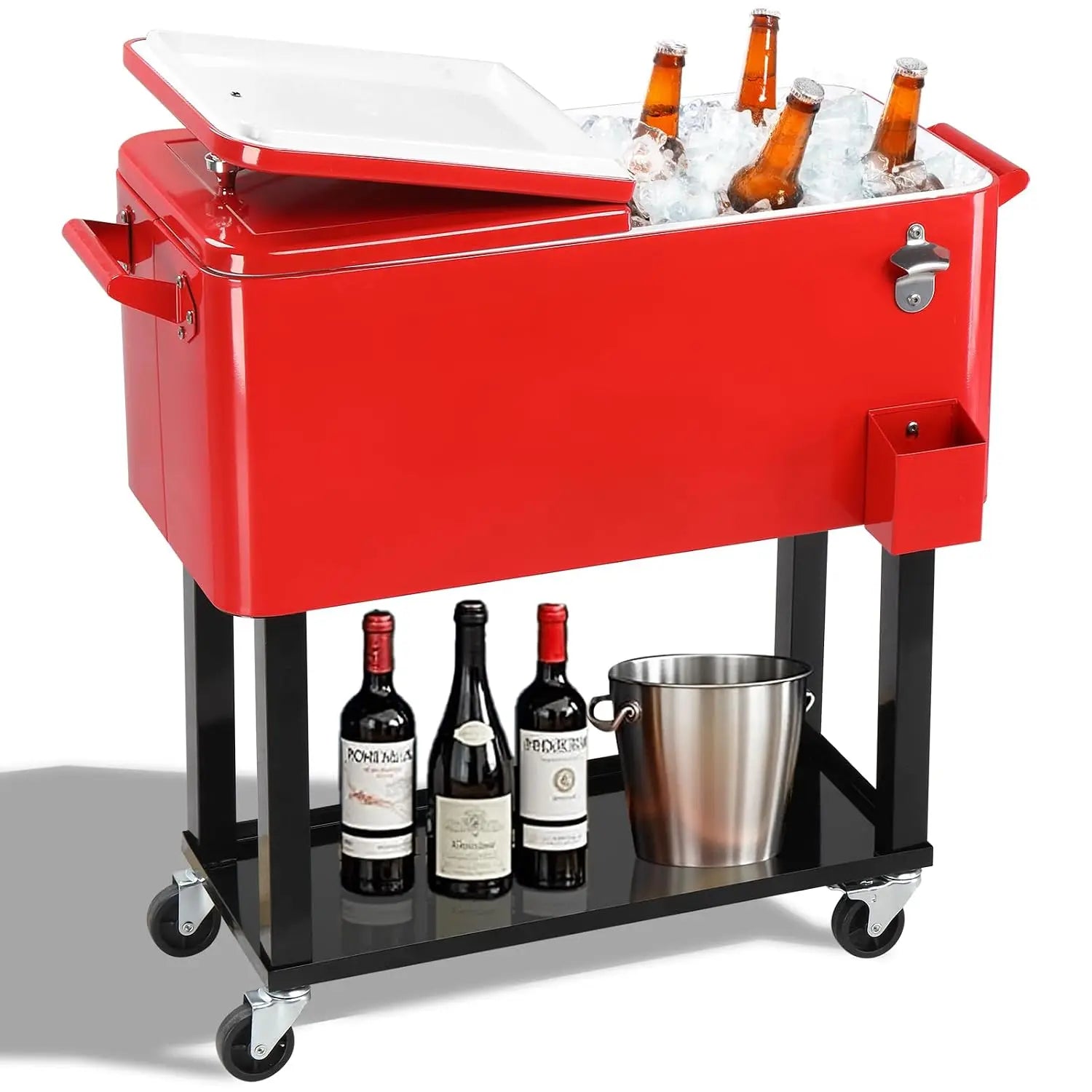 80 Quart Rolling Ice Chest,Portable Bar Drink Cooler,Catch Basin,Bottom Storage Tray & Bottle Opener, Custom
