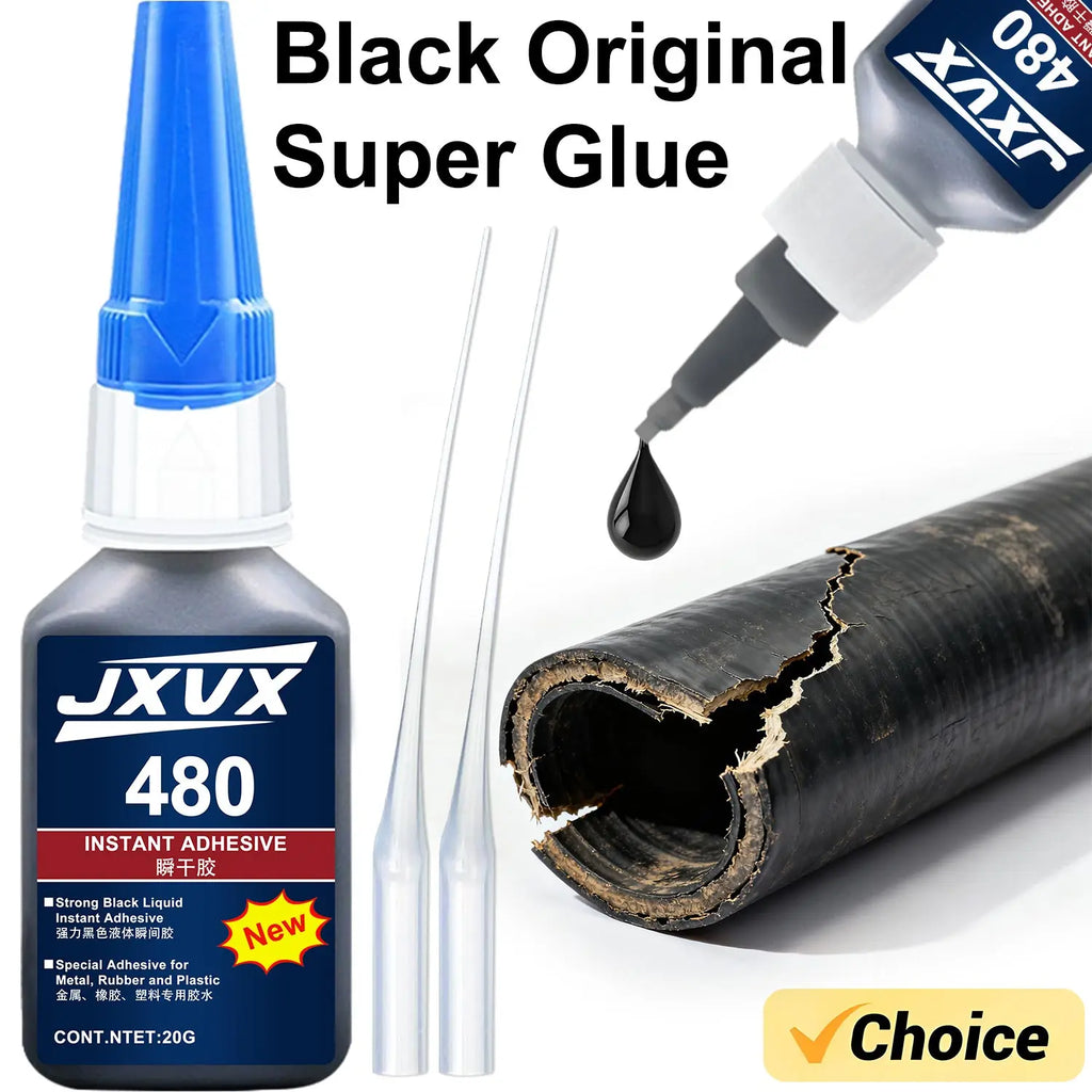 JXVX 20g 480 Super black glue for tyre repair Black liquid glue Durable rubber Wear-resistant adhesive Non-corrosive Instant bonding Leather Original adhesive, complete with dispenser.