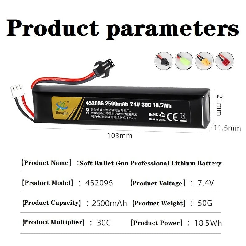 7.4V 2500mAh Lipo Battery Split Connection for Water Gun 2S 7.4V Battery for Mini Airsoft BB Air Pistol Electric Toys Guns Parts