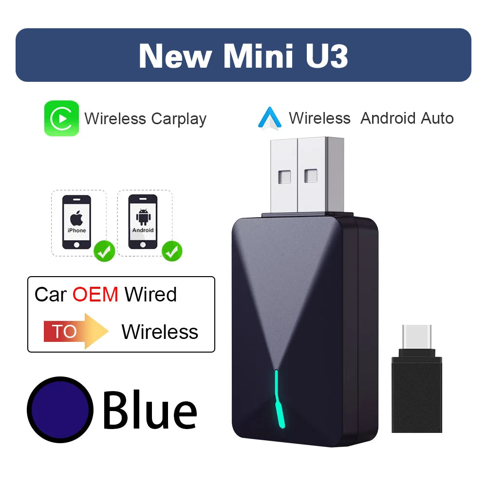For Hyundai Kia Mazda Mini U3 Smart Box Wireless Carplay Adapter& Android Auto Dongle OTA For Car Wired to Wireless CP/AA