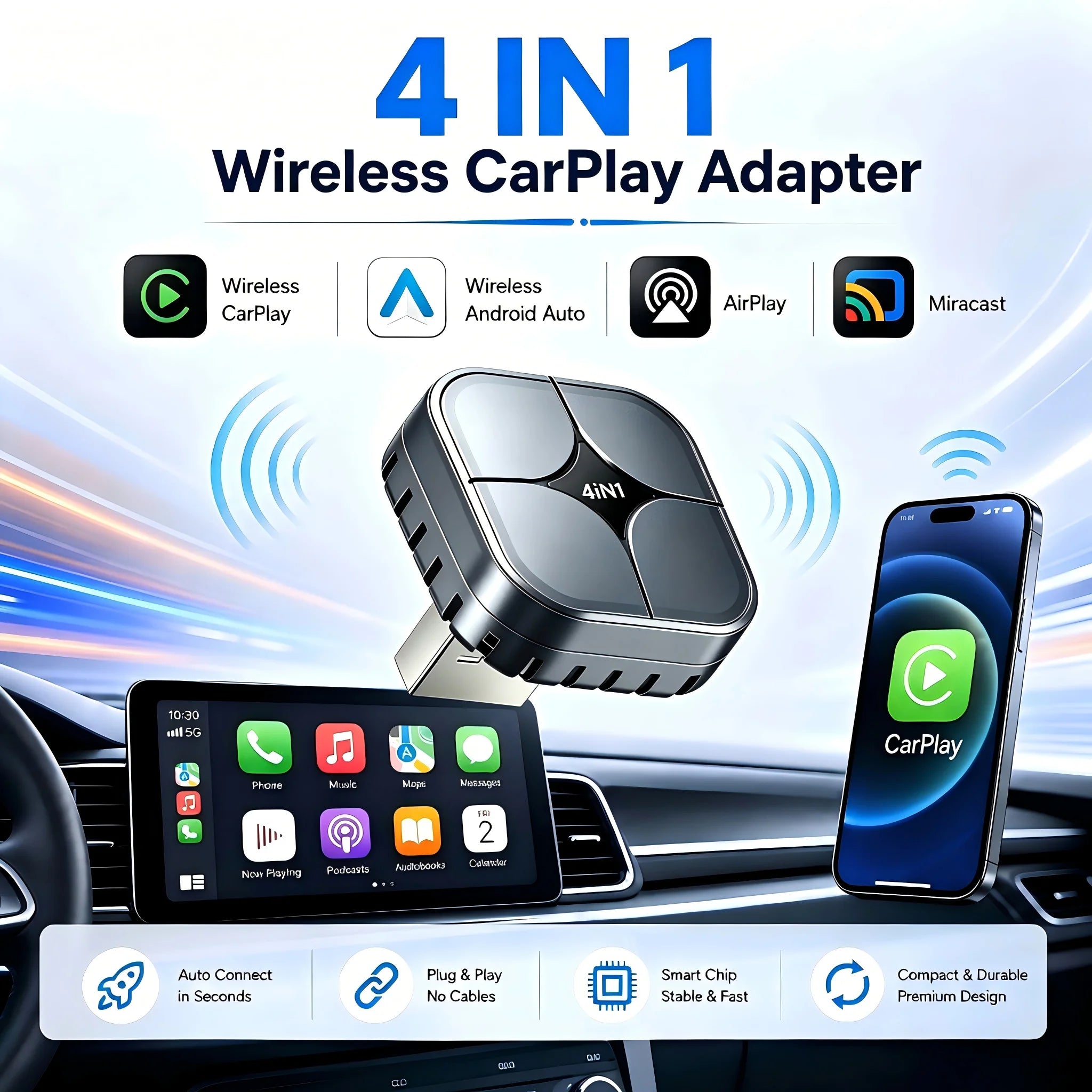 2026 NEW 4 IN 1 Wireless CarPlay Adapter Convert OEM Wired CarPlay Android Auto To Wireless AirPlay Miracast Screen Mirroring