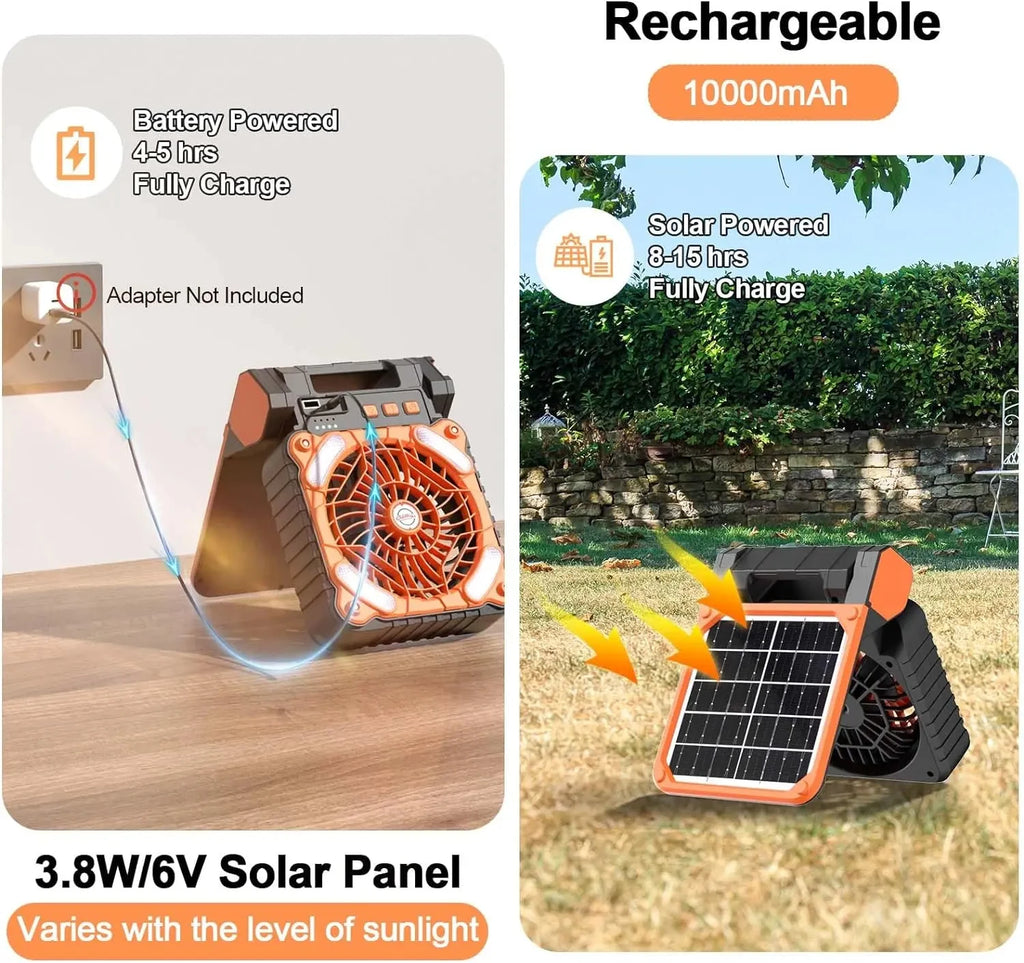 Portable Solar Fans 10000mAh LED Lantern Rechargeable Solar Powered Camping Fan 4 Speeds Powerful Wind 90° Folding Ventilador