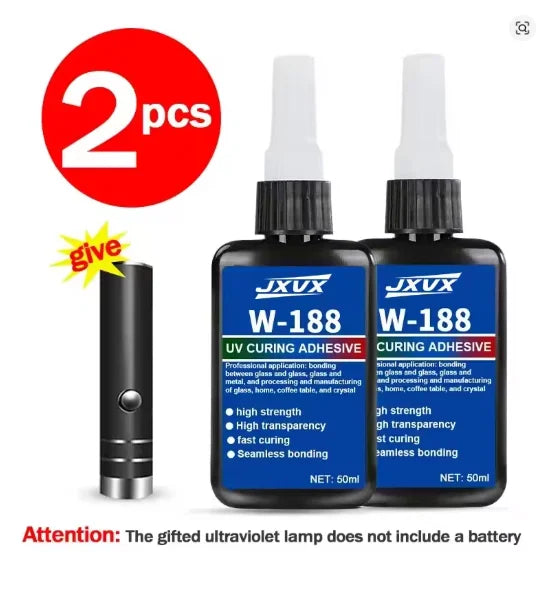JXVX 50 g new high-strength UV curing resin adhesive W-188 is suitable for DIY process, bonding and welding glass, metal, ceramics and ABS materials. Includes 1-3 UV curing lamps.