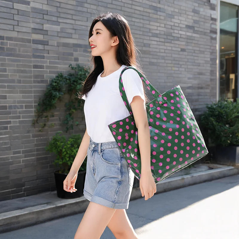 Korean Style Polka Dot Tote Bag PVC Waterproof Large Capacity Handbag Travel Shoulder Bag Shopping Portable Lightweight Casual