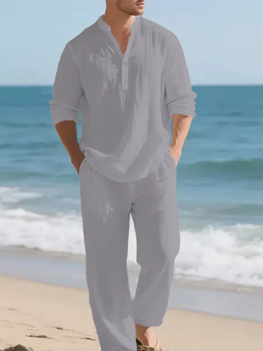 Men's Linen Solid Color Two Piece Set Casual Fashion Turn Down Collar Long Sleeve Shirt Loose Pants Outfit