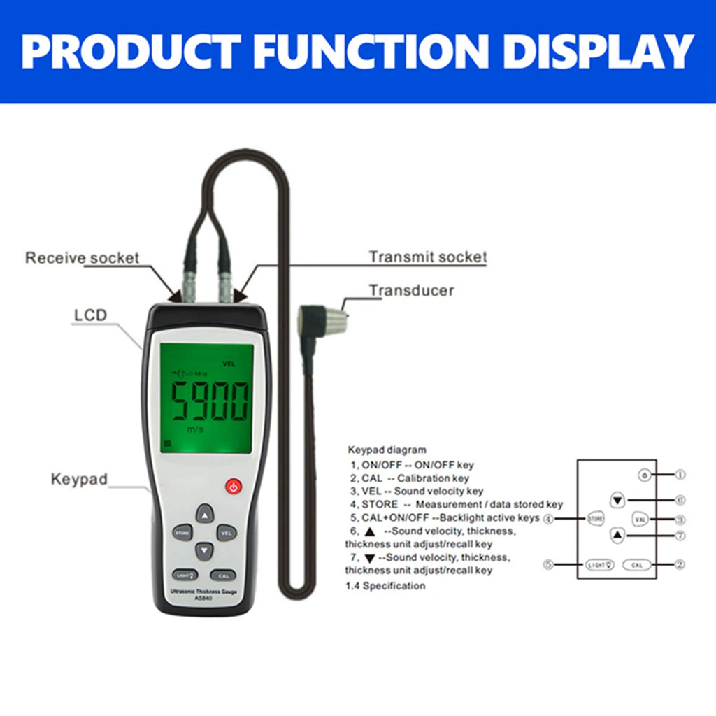SMART SENSOR Digital Ultrasonic Thickness Gauge Sound Velocity Meter Metal Depth Tester AS840 Ultrasonic Thickness Gauge