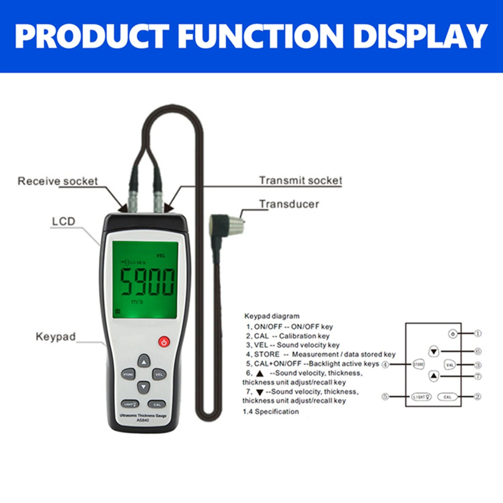 SMART SENSOR Digital Ultrasonic Thickness Gauge Sound Velocity Meter Metal Depth Tester AS840 Ultrasonic Thickness Gauge