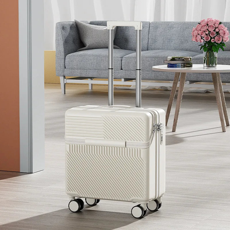 18 inch Front Opening Travel Suitcase Trolley Luggage Password Case Cabin Boarding Suitcase With USB Charging Port Cup Holder