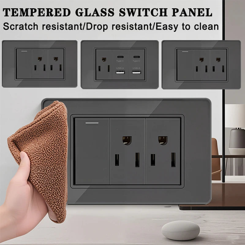 118*75mm TEMPERED GLASS SWITCH PANEL Wall Socket with USB Type - C, Grey US Switch, Thai Plug for Home & Office Use
