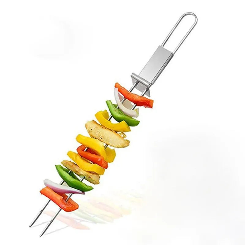 2-6PCS Semi-automatic Barbecue Fork BBQ Tools Outdoor Portable Camping Picnic 2-Head BBQ Fork Equipment Metal Skewers Forks