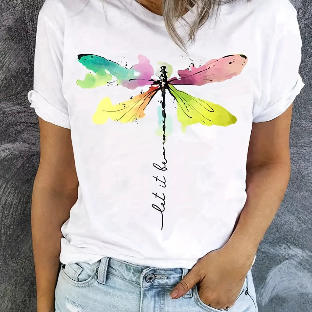 Dragonfly Print Crew Neck T-Shirt Casual Short Sleeve T-Shirt for Spring & Summer Women's Clothing Aesthetic Clothes Plus Size