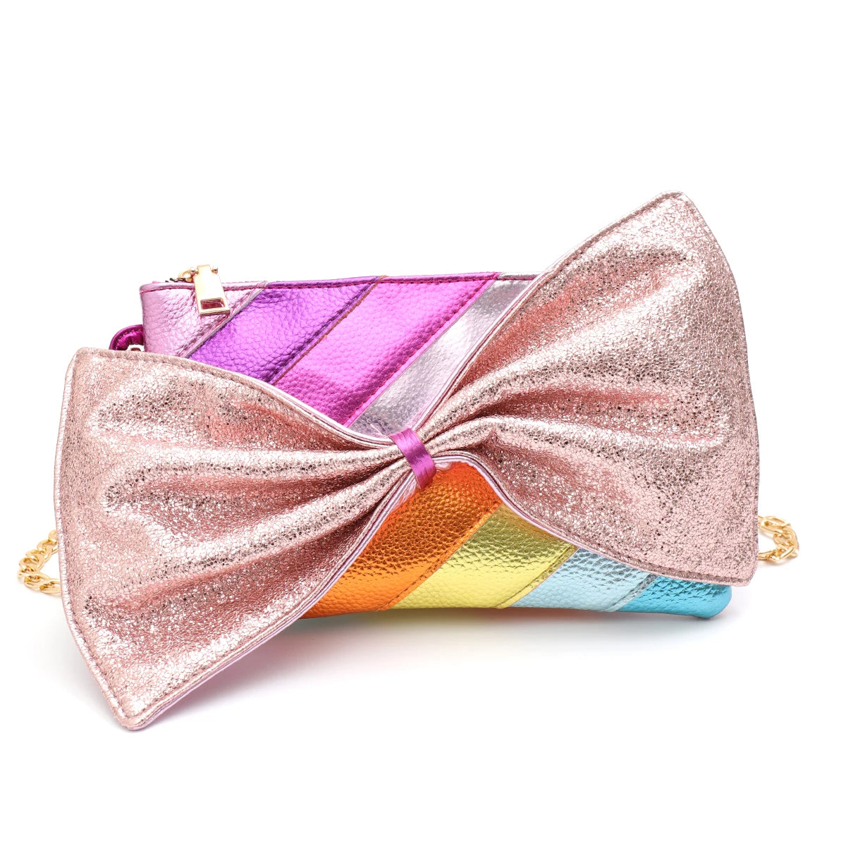 Luxury Metallic Vegan Leather Handbag Colorful Stripes Patchwork Sweet PU Bow knot Clutch Metal Chain Crossbody Bag Funky Y2K