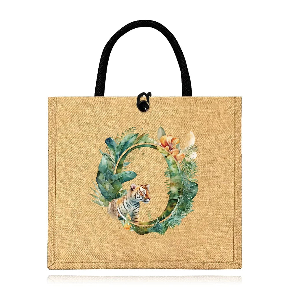 Flax Bag Fastener Handbag Organizer Storage Jute Tote Bags Imitation Cotton Women Valise Portable Jungle Tiger Printing Series