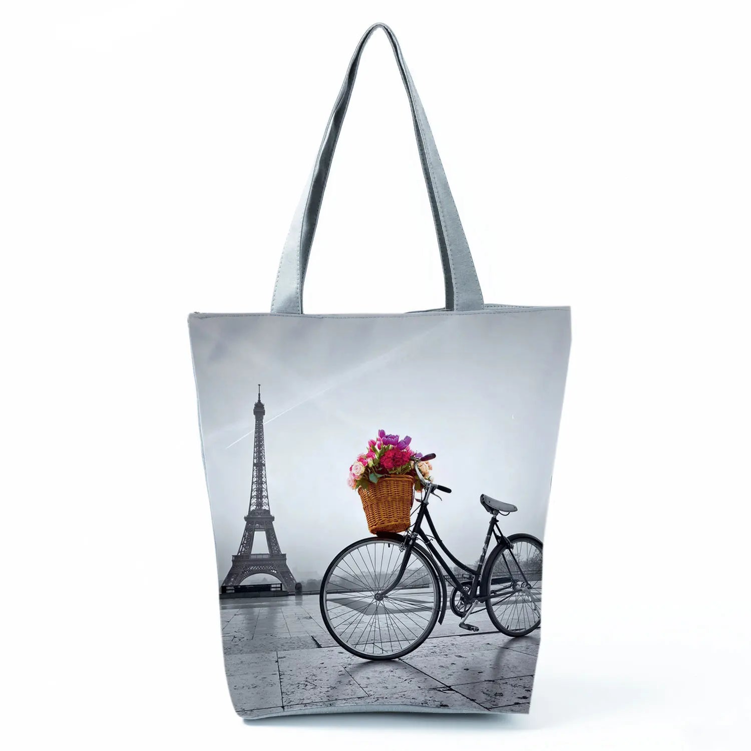 Floral Eiffel Tower Print Tote Bag Paris Landscape Shoulder Bag Fashion Pretty Handbags High Capacity Shopping Bag Eco Beach Bag