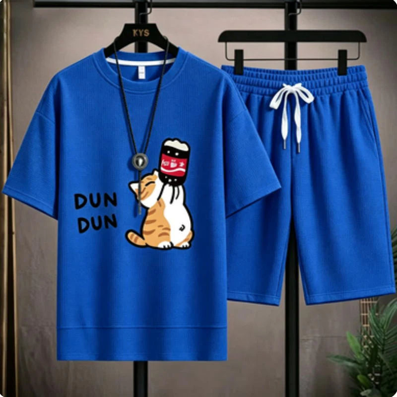Cute cartoon cat funny print pattern loose short-sleeved set for men - casual waffle-style sports outfit