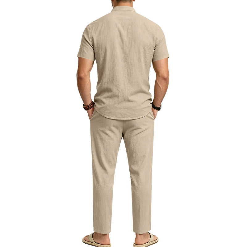Men's Linen Popular Breathable Simple Two-Piece Set, Stand Collar Short-Sleeve Shirt with Straight-Leg Casual Pants