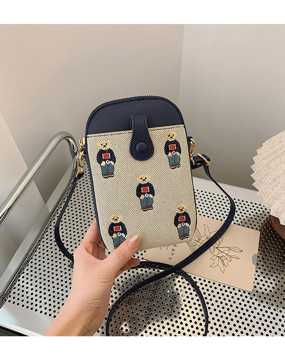 Canvas Embroidered Bear Mobile Phone Bag for Women Large Capacity Crossbody Bag with Compartments