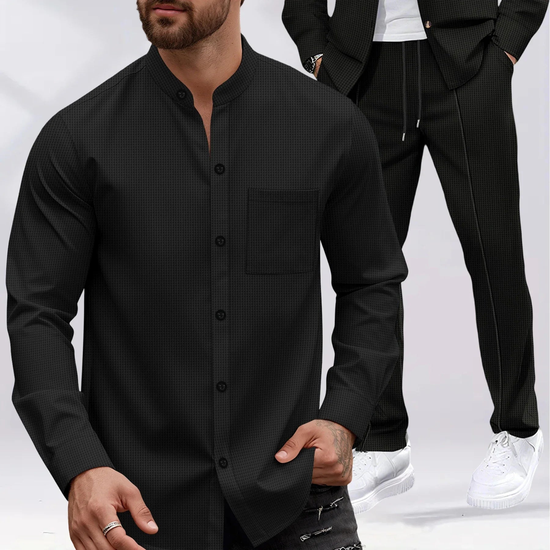 Men's Waffle-Knit Lounge Se Stand-Collar Long-Sleeve Jacket with Pockets&Drawstring Pants Versatile Comfortable Clothing Set for