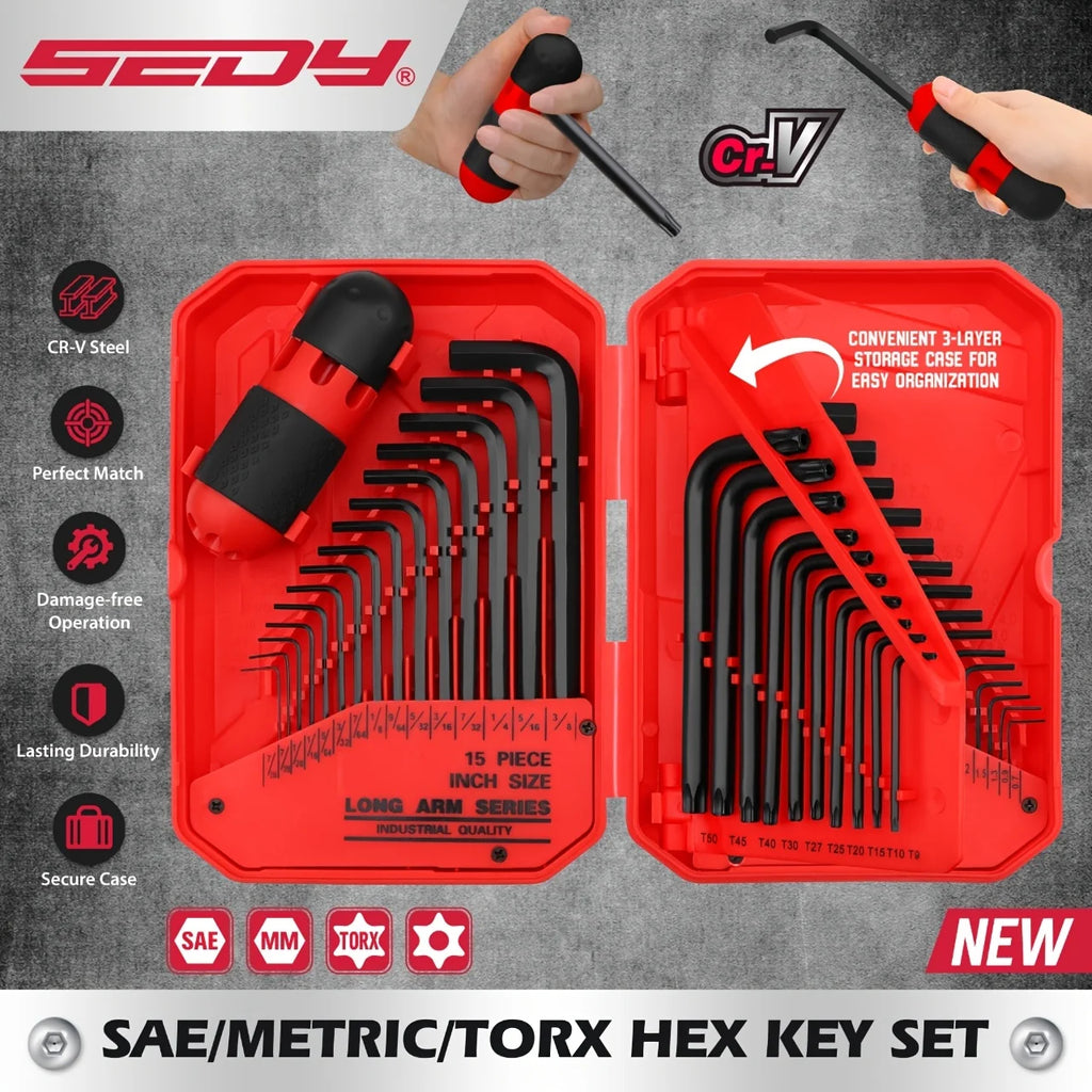 SEDY 41PC Hex Key Allen Wrench Set L-Shaped SAE & Metric Torx Key Wrenches with Torque Handle 0.028' to 3/8' 0.7mm to 10mm