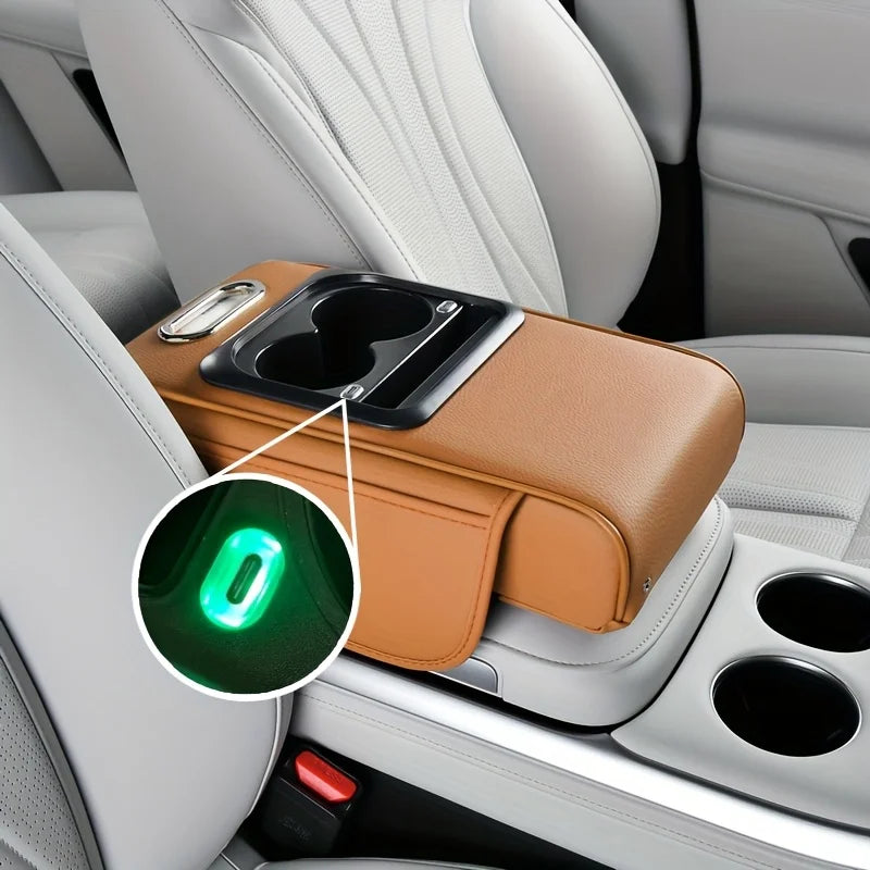Dual Type-C Ports with Lighted Sockets, Universal Integrated Multifunctional Car Center Armrest Box, Includes Adapter and Tissue Holder