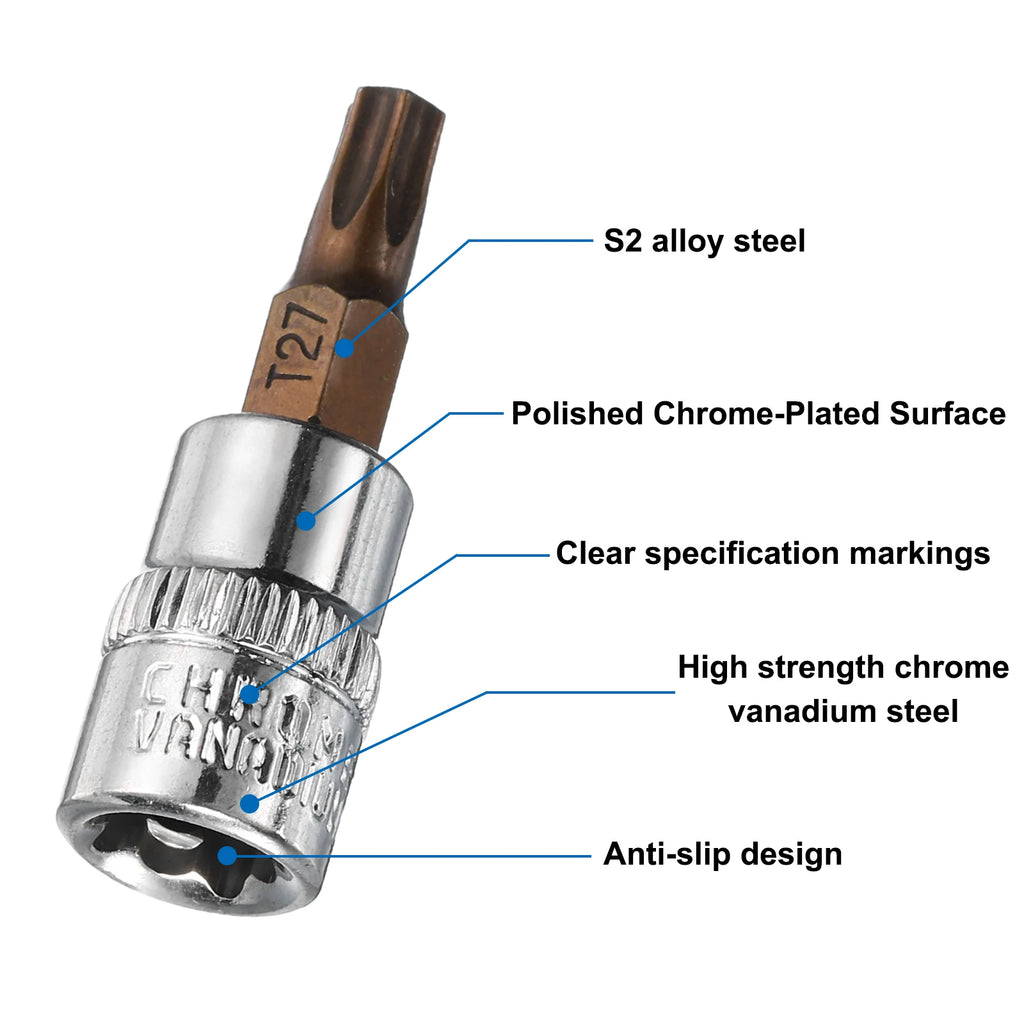 2/3/4/5pcs T8 T20 T25 T27 T30 T40 T50 Torx Bit Socket 1/4" 3/8" Drive S2 Steel Bits CR-V Sockets 38/48mm Length Use with Ratchet