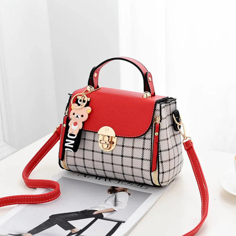 Fashion Plaid Crossbody Bag with Cute Bear Charm Shoulder Purse,with Lock Closure Top Handle Bag , Adjustable Strap, for Women