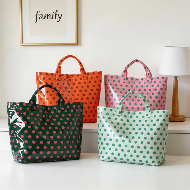 Korean Style Polka Dot Tote Bag PVC Waterproof Large Capacity Handbag Travel Shoulder Bag Shopping Portable Lightweight Casual