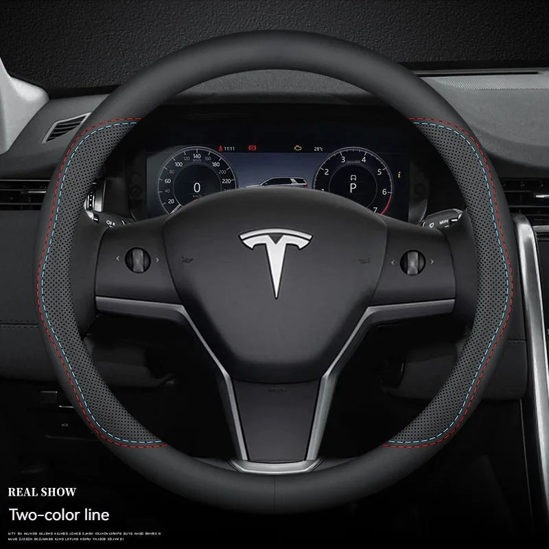 For Tesla Model 3 Model Y Model S Model X Roadster Leather Anti-slip Breathable Car Steering Wheel Cover Auto Accessories