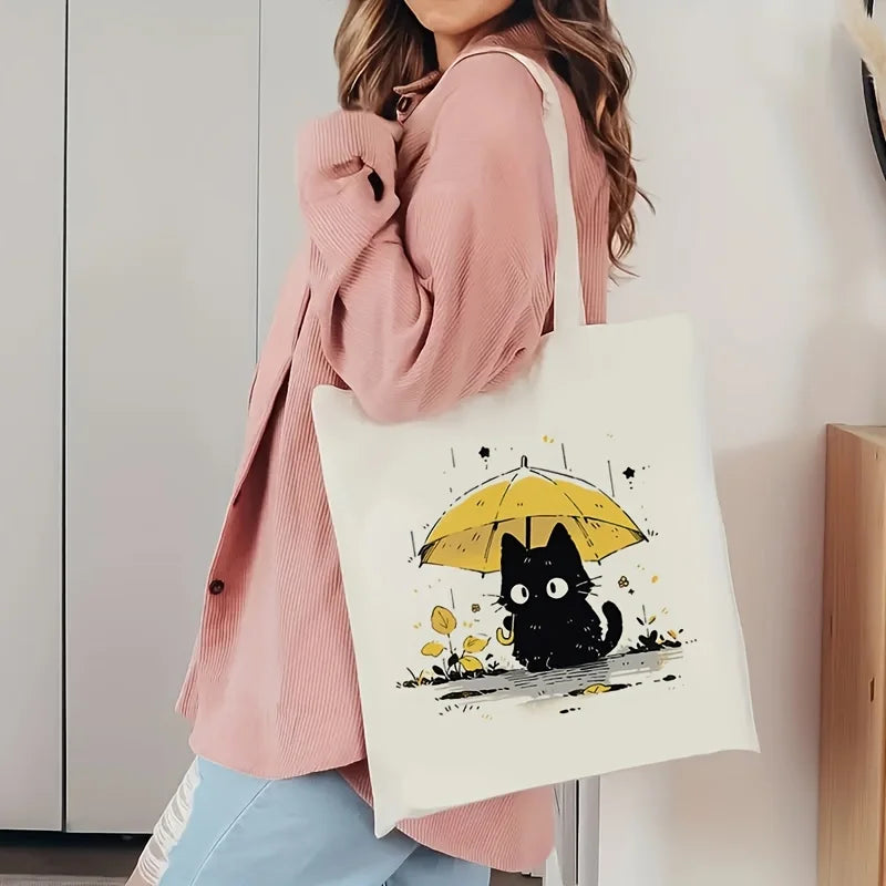 Women Canvas Baguette Bag 1 Pack Cute Cat Pattern Handbag Tote Reusable Shopping Bag Multifunctional High Capacity Printed Storage Bag Gift for Cat Lovers Holiday Birthday Present